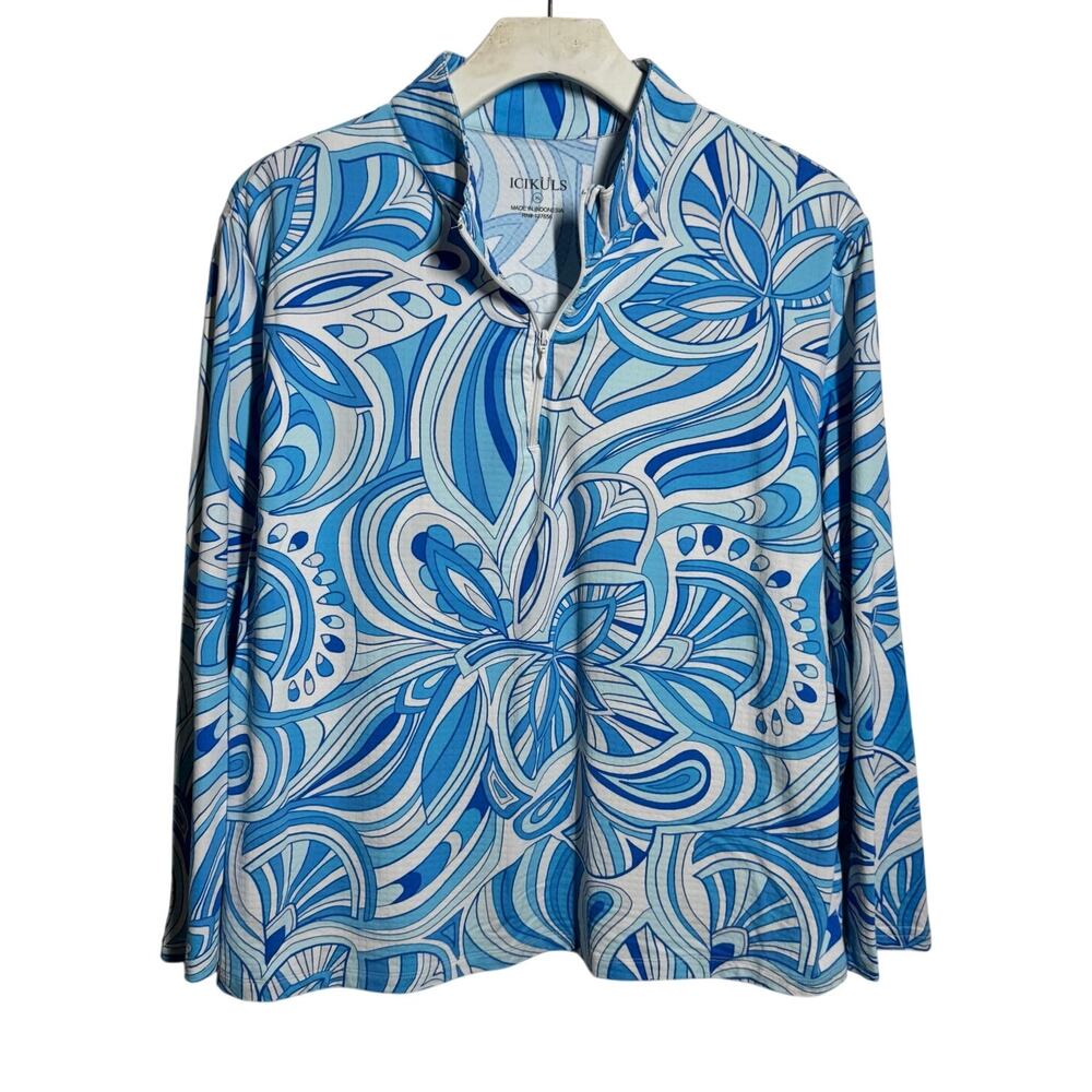 Icikuls Top Pullover Women Pickleball XL Blue White Abstract 1/4 Zip Stretch